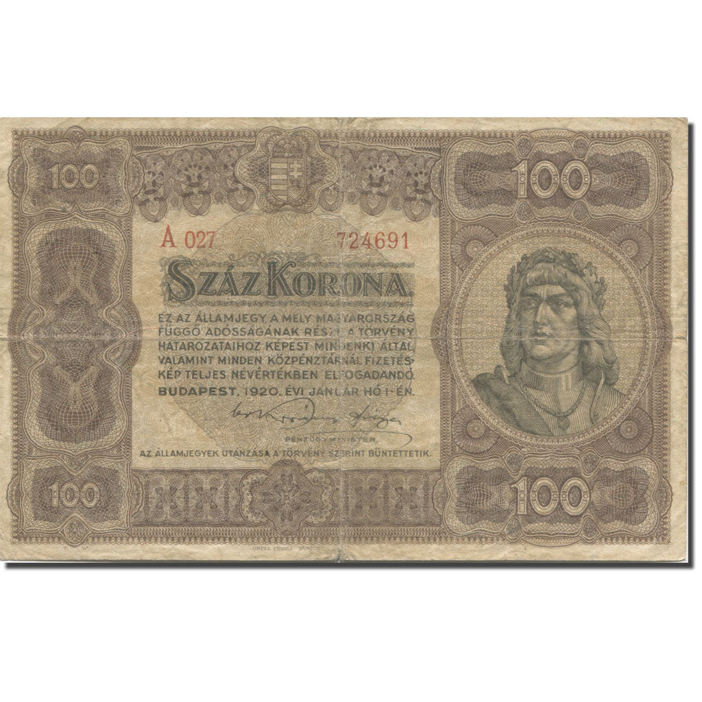 Nota, Hungria, 100 Korona, 1920, 1920-01-01, KM:63, VF(30-35)