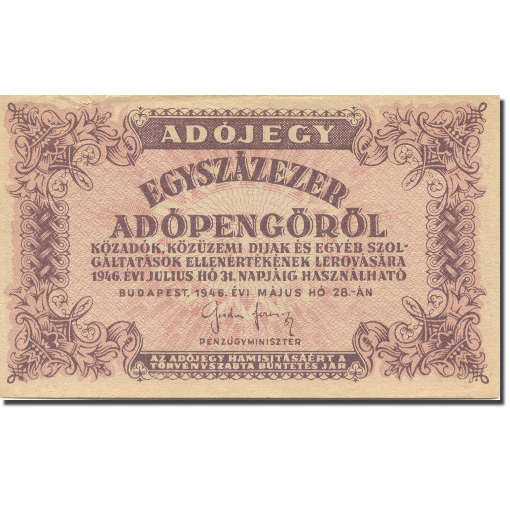 Billet, Hongrie, 100,000 (Egyszázezer) Adópengö, 1946, 1946-05-28, KM:144a