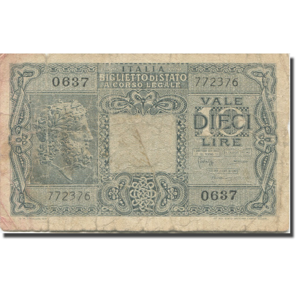 Banknote, Italy, 10 Lire, 1944, 1944-11-23, KM:32b, VG(8-10)