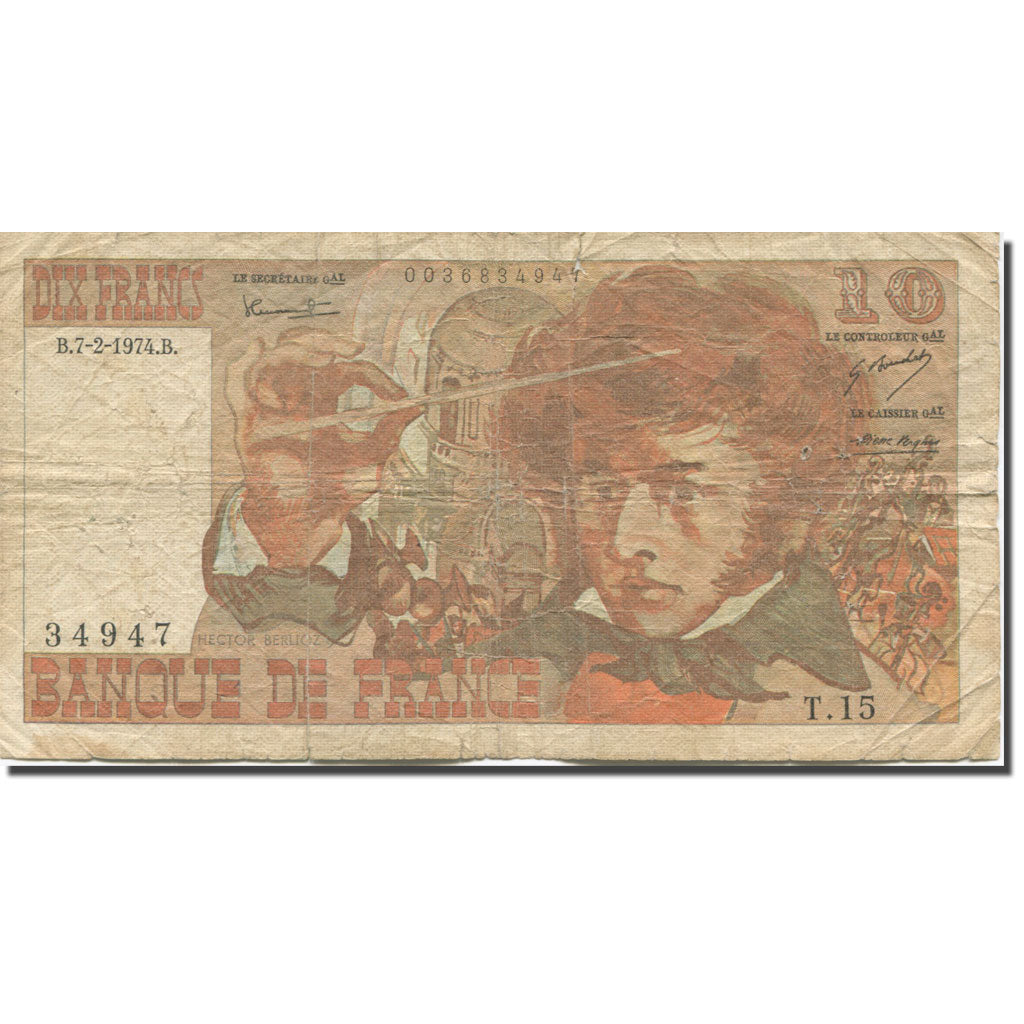 França, 10 Francs, Berlioz, 1974, 1974-02-07, VF(20-25), Fayette:63.3, KM:150a