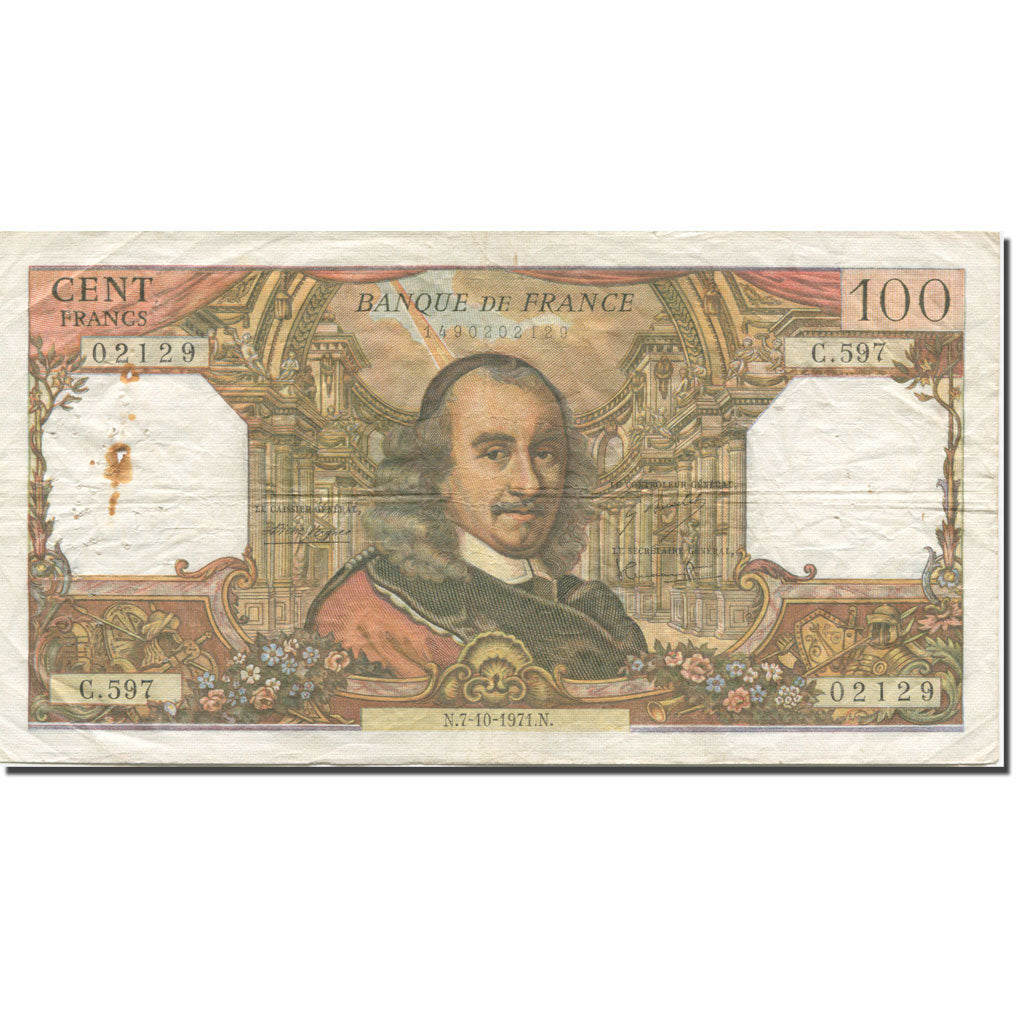 France, 100 Francs, Corneille, 1971, 1971-10-07, VF(30-35), Fayette:65.37