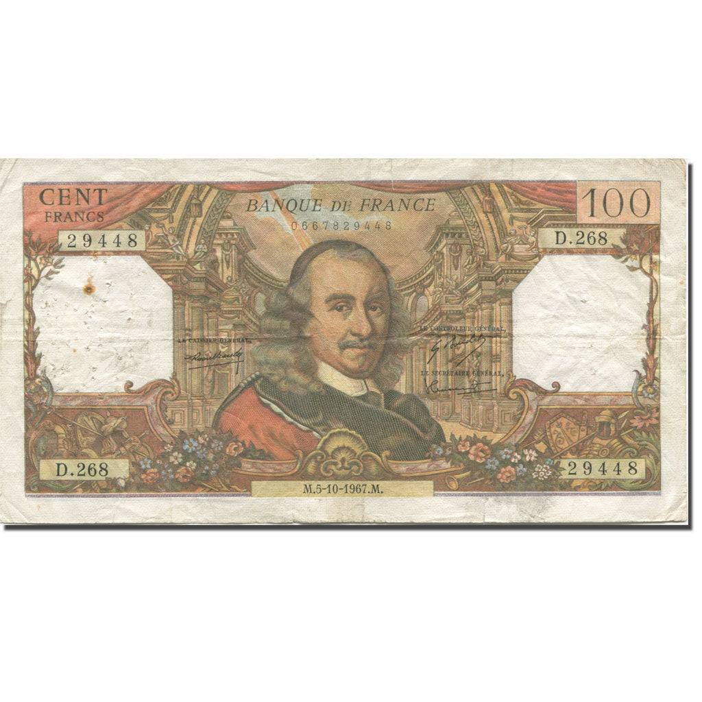 France, 100 Francs, Corneille, 1967, 1967-10-05, VF(30-35), Fayette:65.18
