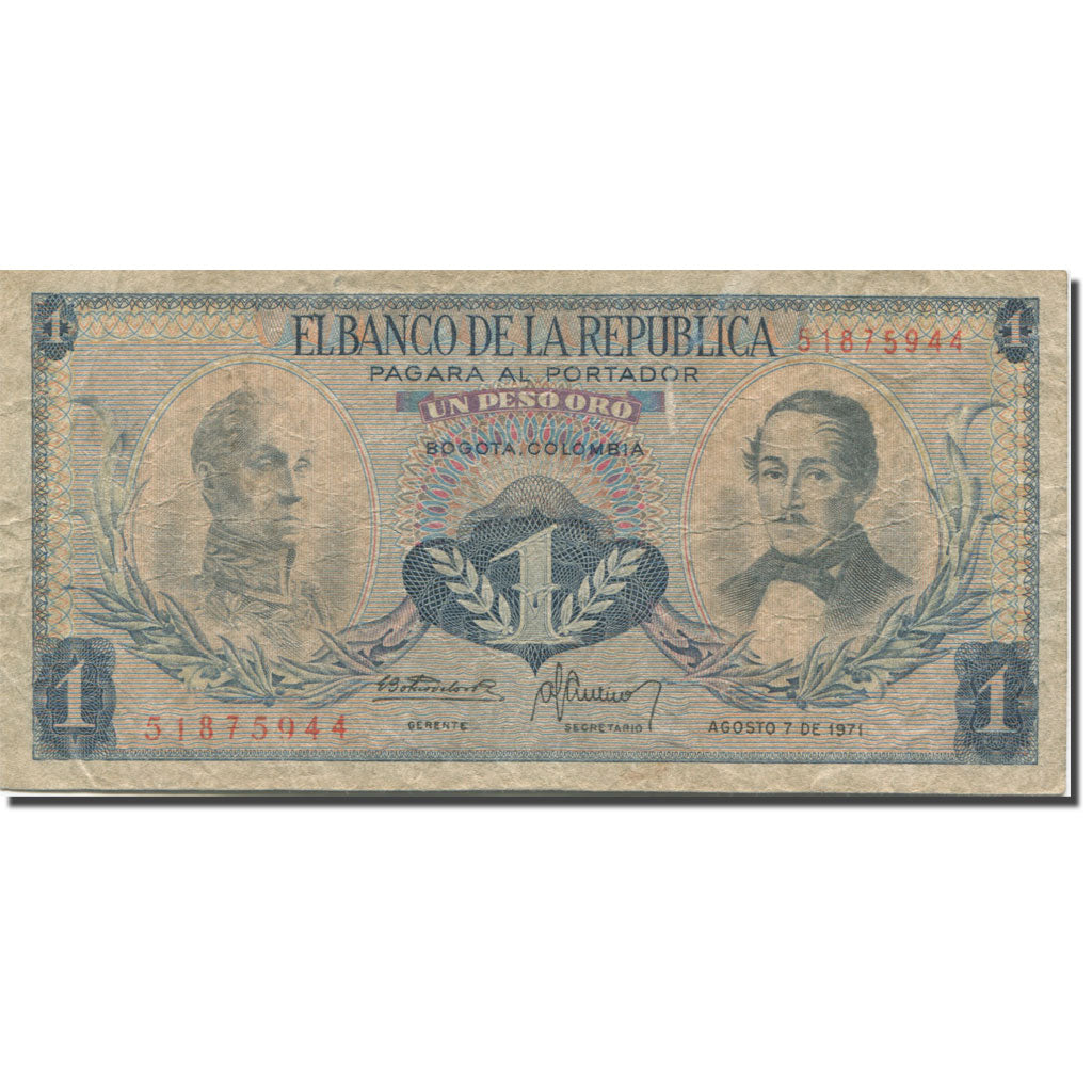 Banknote, Colombia, 1 Peso Oro, 1971, 1971-08-07, KM:404e, VF(20-25)