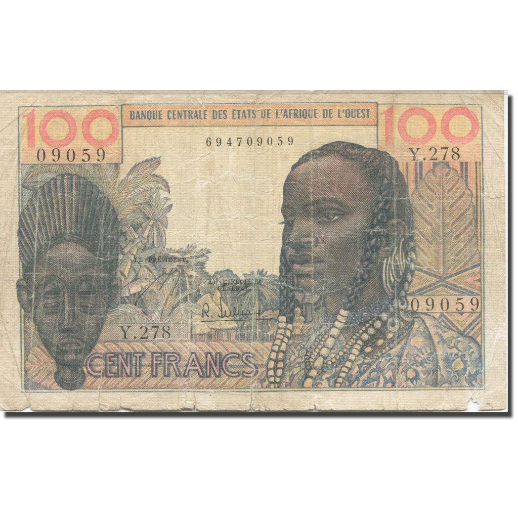 Banknote, West African States, 100 Francs, 1959, KM:2b, VG(8-10)