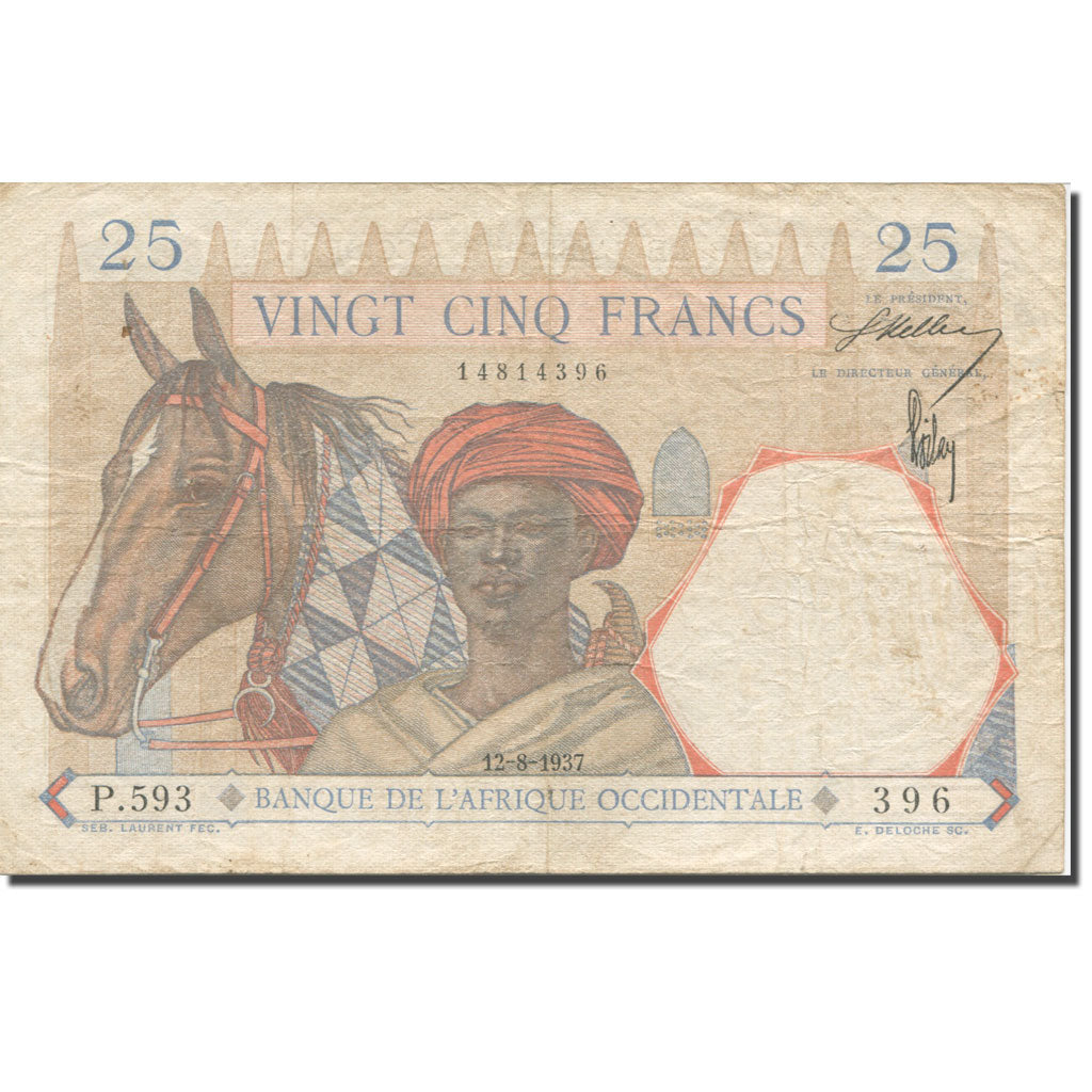 Nota, África Ocidental Francesa, 25 Francs, 1937, 1937-08-12, KM:27, VF(30-35)