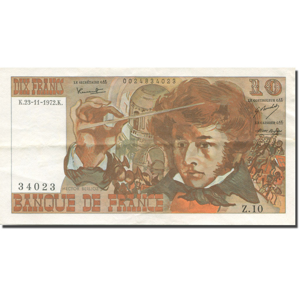 Francja, 10 Francs, Berlioz, 1972, 1972-11-23, EF(40-45), Fayette:63.1, KM:150a