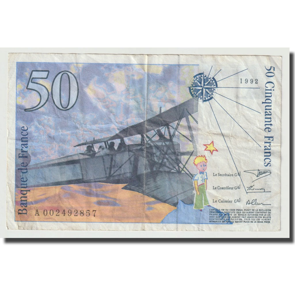 França, 50 Francs, St Exupéry, 1992, VF(20-25), Fayette:72.01aA, KM:157a