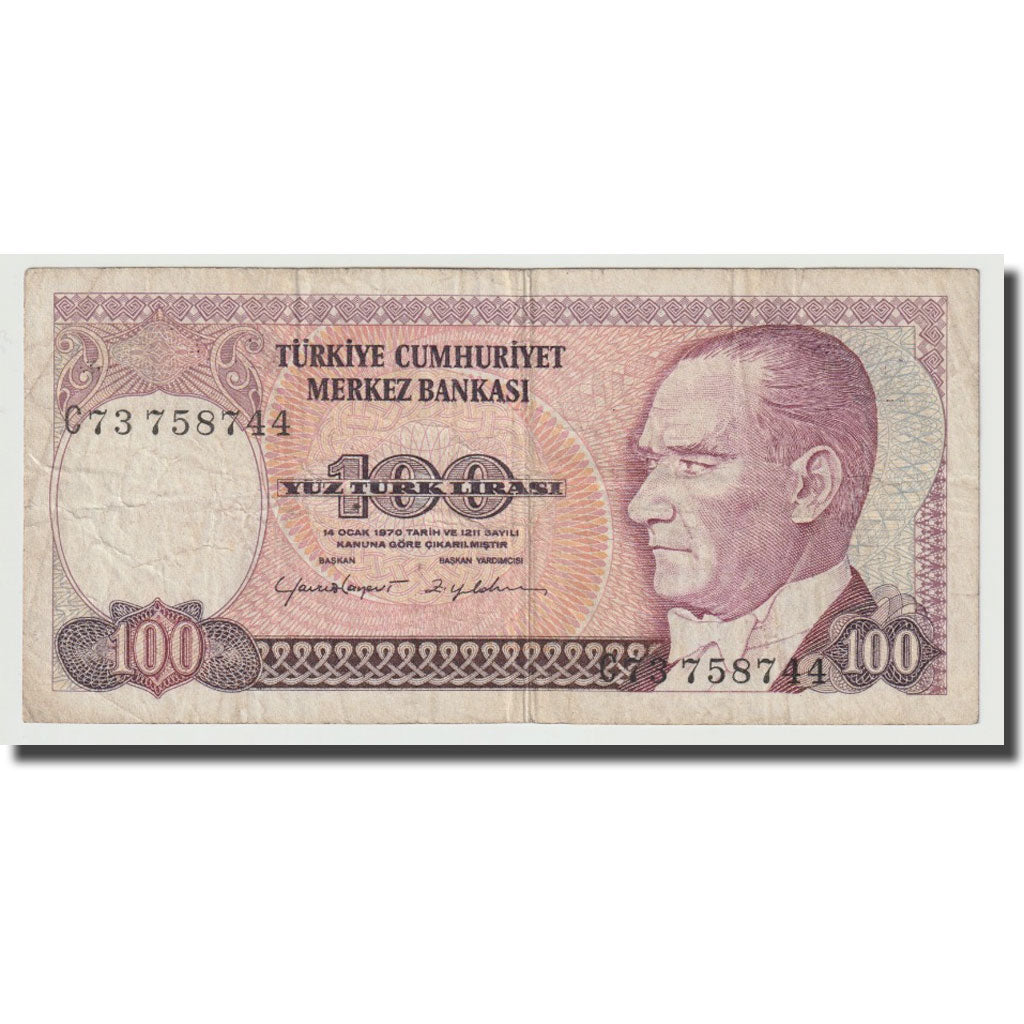 Geldschein, Türkei, 100 Lira, L.1970, KM:194b, S+