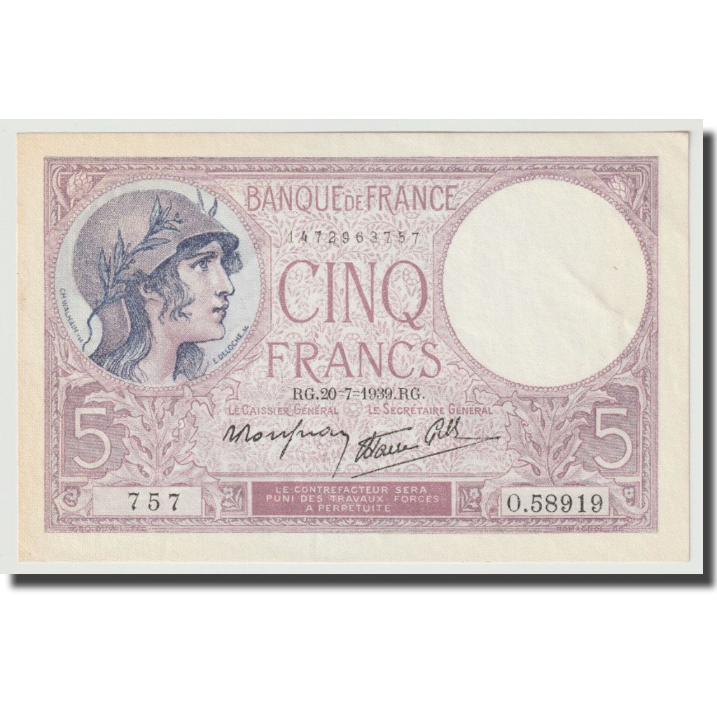 France, 5 Francs, Violet, 1939, 1939-07-20, UNC(63), Fayette:4.2, KM:83