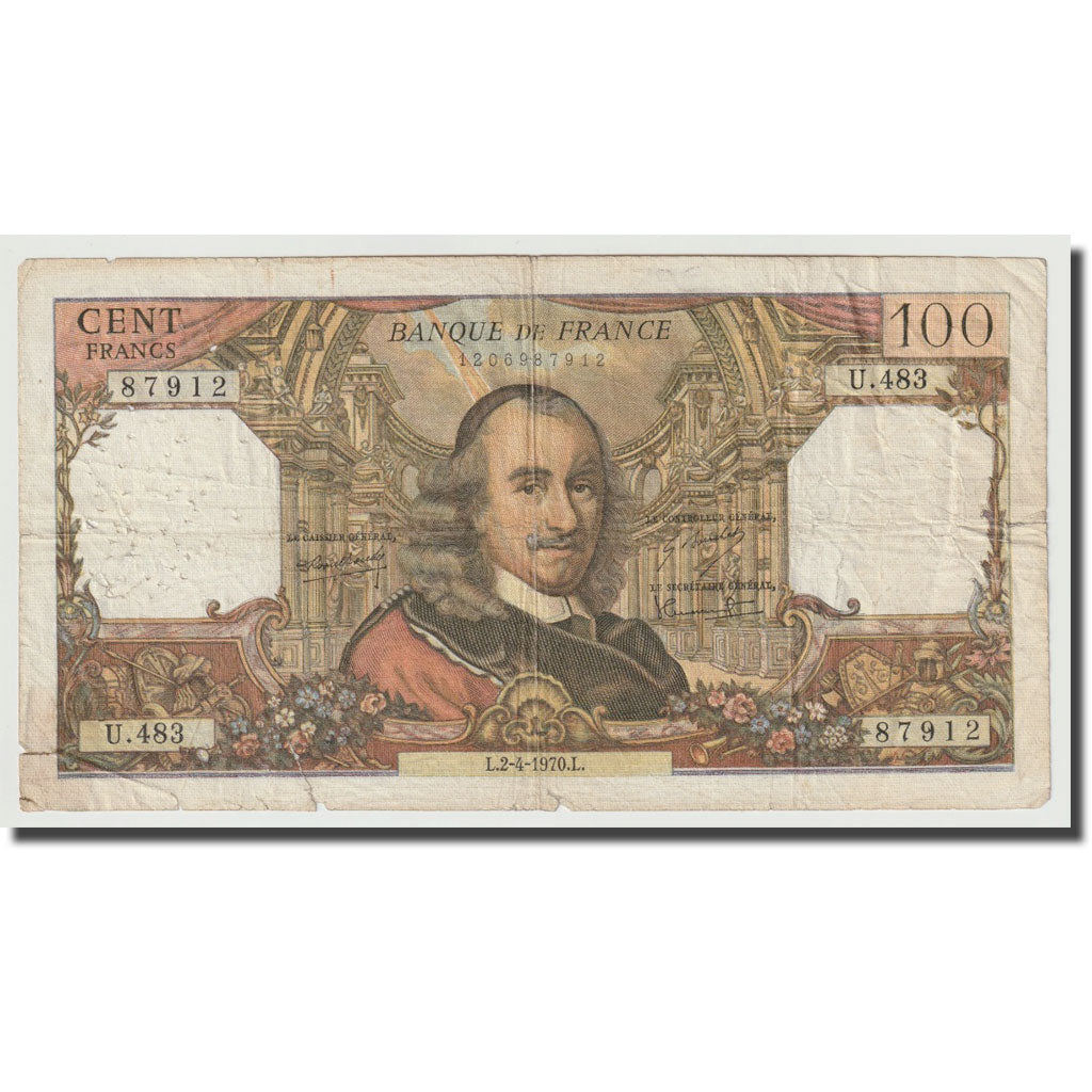 France, 100 Francs, Corneille, 1970, 1970-04-02, B+, Fayette:65.31, KM:149c