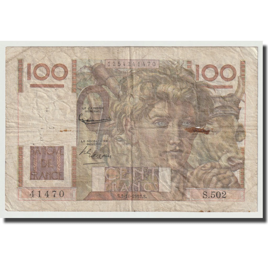 France, 100 Francs, Jeune Paysan, 1952, 1952-10-02, TB, Fayette:28Bis/1, KM:128e