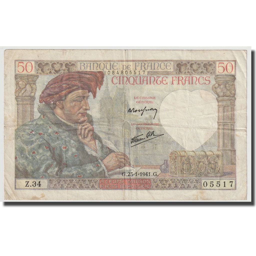 France, 50 Francs, Jacques Coeur, 1941, 1941-01-23, VF(20-25), Fayette:19.5