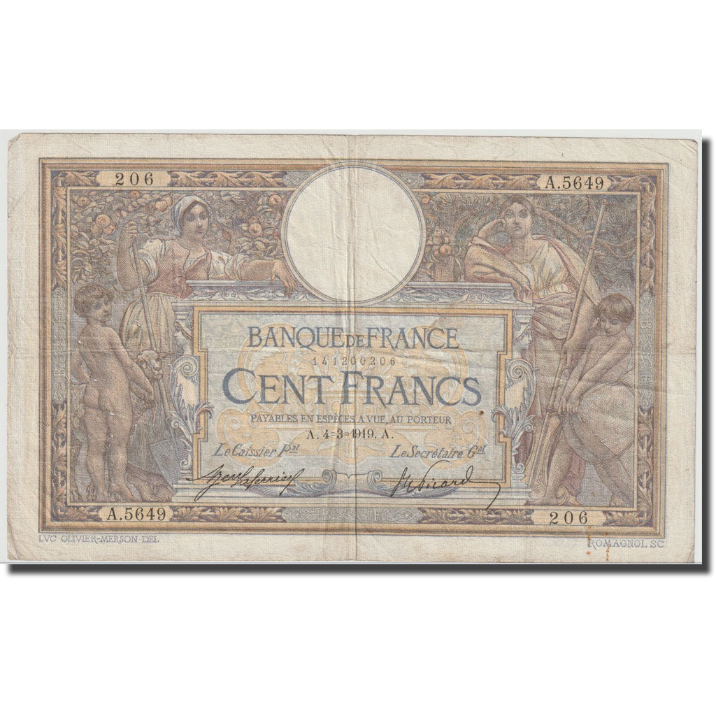 France, 100 Francs, Luc Olivier Merson, 1919, 1919-03-04, VF(20-25)