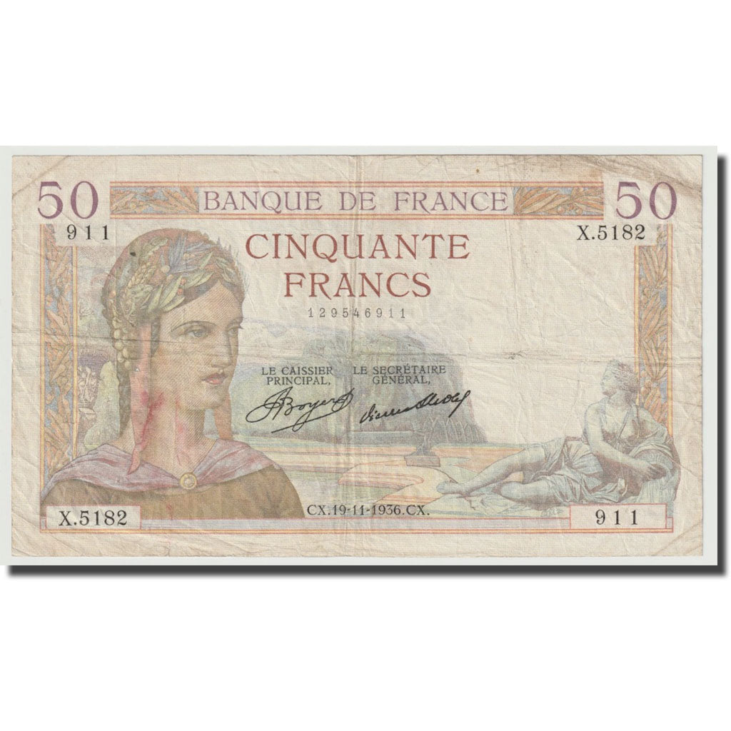Frankrijk, 50 Francs, Cérès, 1936, 1936-11-19, TB+, Fayette:17.5, KM:81