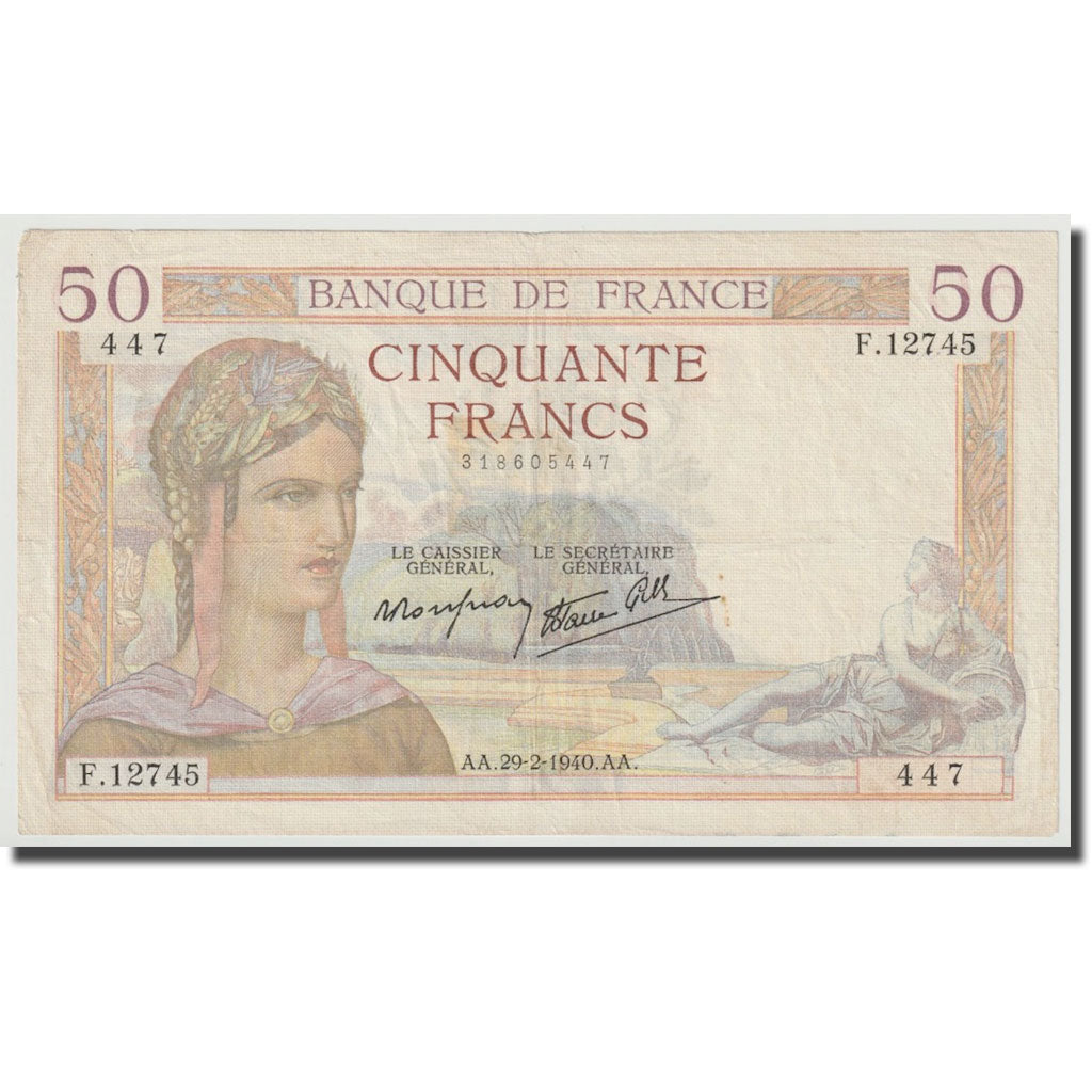 France, 50 Francs, Cérès, 1940, 1940-02-29, EF(40-45), Fayette:17.4, KM:81