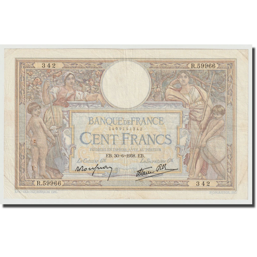 France, 100 Francs, Luc Olivier Merson, 1938, 1938-06-30, VF(30-35)