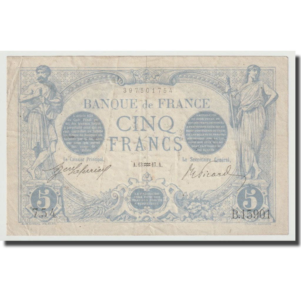 France, 5 Francs, Bleu, 1917, VF(20-25), Fayette:2.47, KM:70