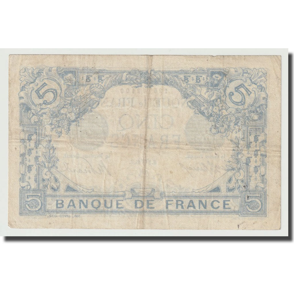France, 5 Francs, Bleu, 1915, VF(20-25), Fayette:2.26, KM:70
