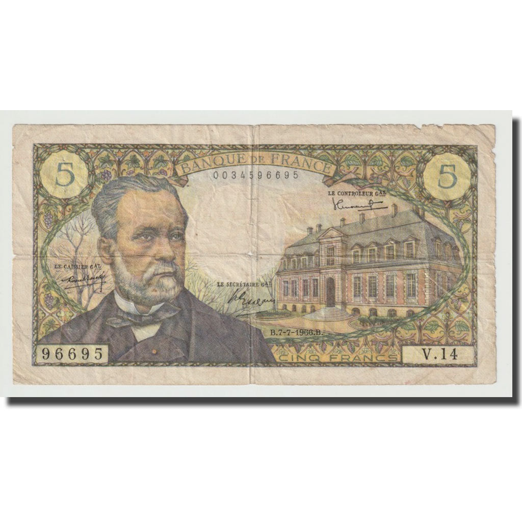 France, 5 Francs, Pasteur, 1966, 1966-07-07, F(12-15), Fayette:61.2, KM:146a