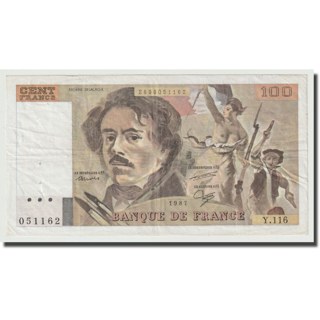 France, 100 Francs, Delacroix, 1987, EF(40-45), Fayette:69.10, KM:154b