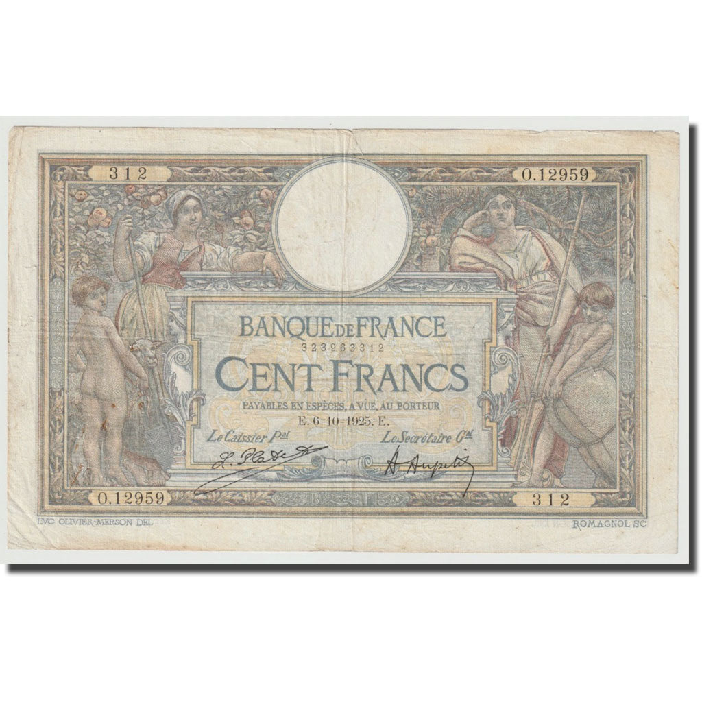 France, 100 Francs, Luc Olivier Merson, 1925, 1925-10-06, VF(30-35)