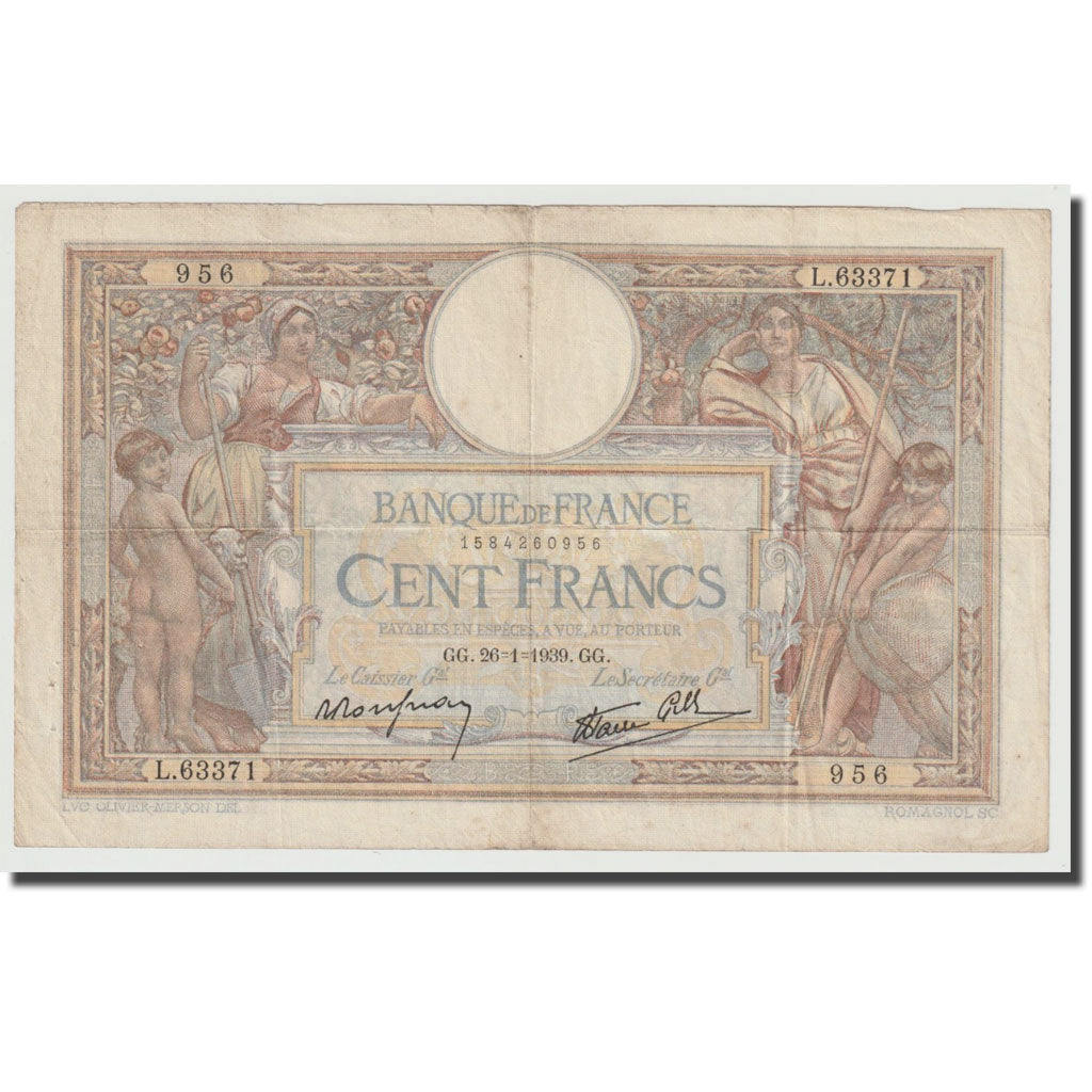 France, 100 Francs, Luc Olivier Merson, 1939, 1939-01-26, VF(30-35)