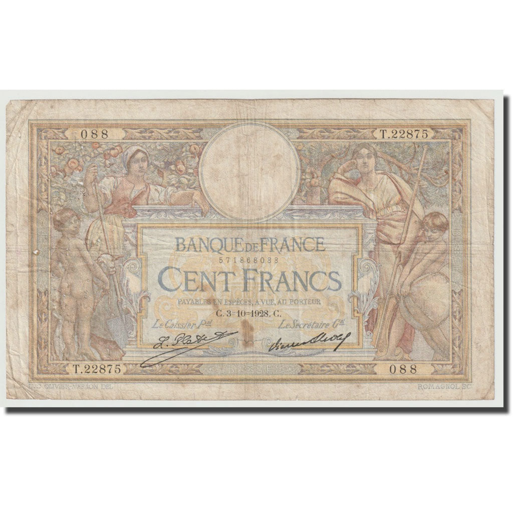 France, 100 Francs, Luc Olivier Merson, 1929, 1928-10-03, VF(20-25)