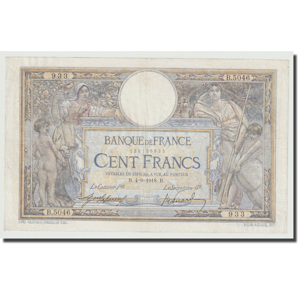 France, 100 Francs, Luc Olivier Merson, 1918, 1918-09-04, EF(40-45)