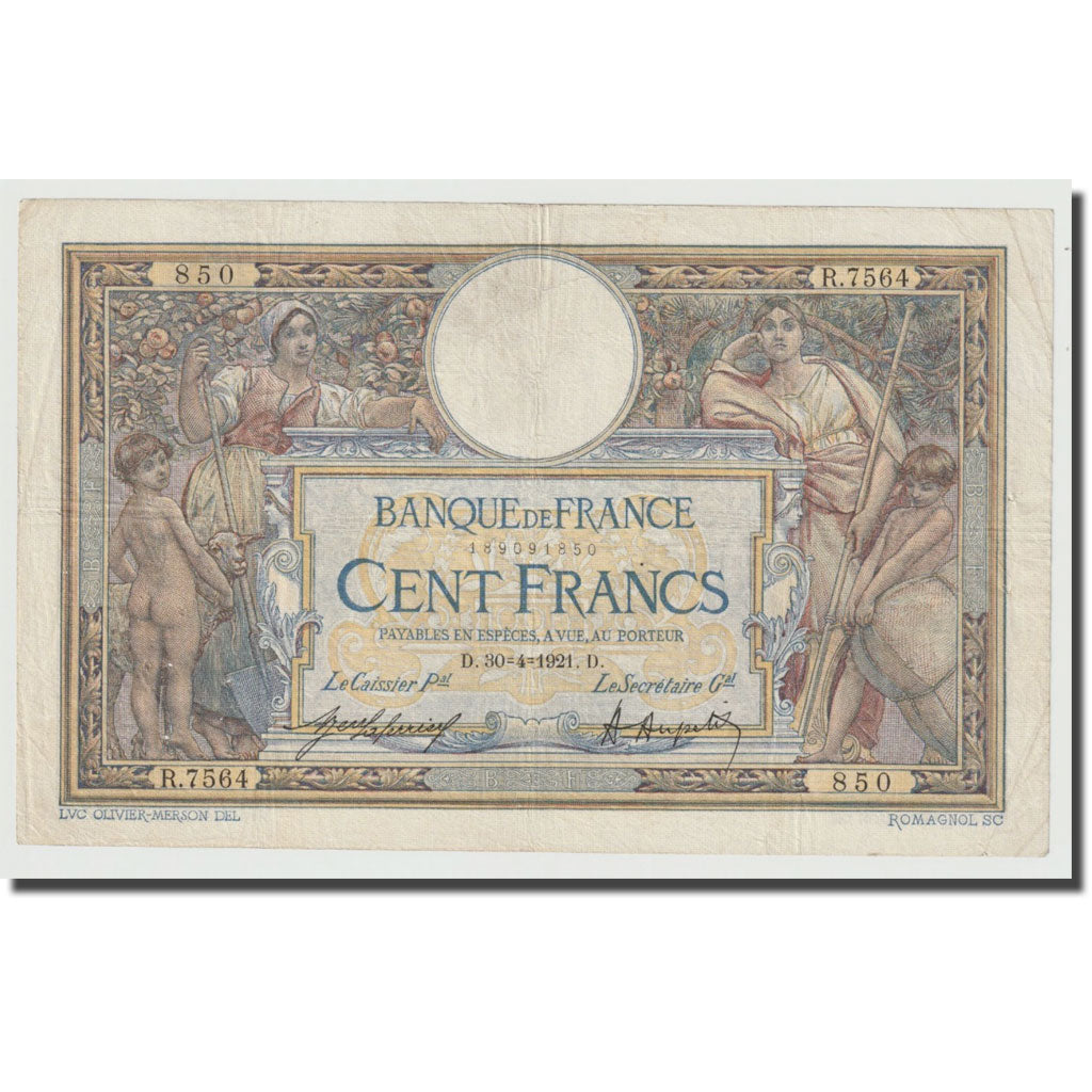 France, 100 Francs, Luc Olivier Merson, 1921, 1921-04-30, VF(30-35)