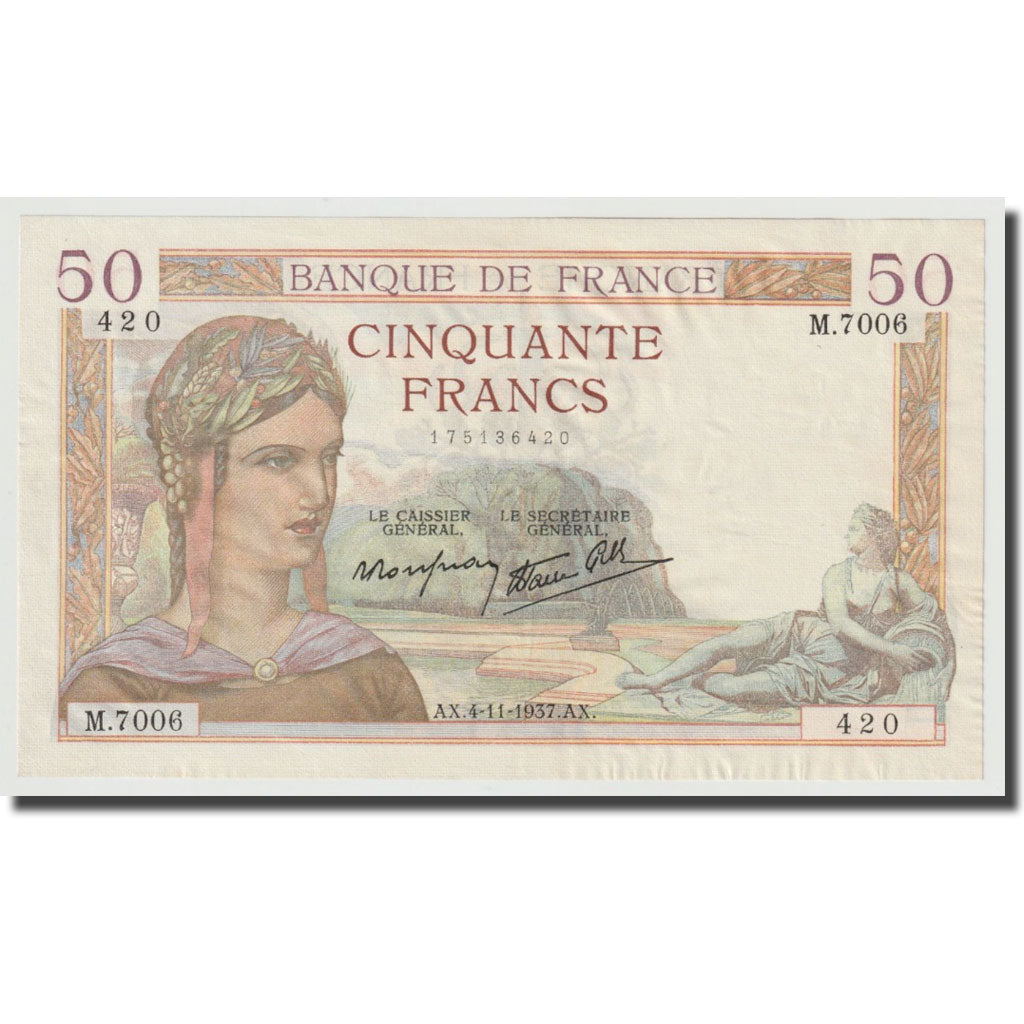 France, 50 Francs, Cérès, 1937, 1937-11-04, UNC(64), Fayette:18.4, KM:85b