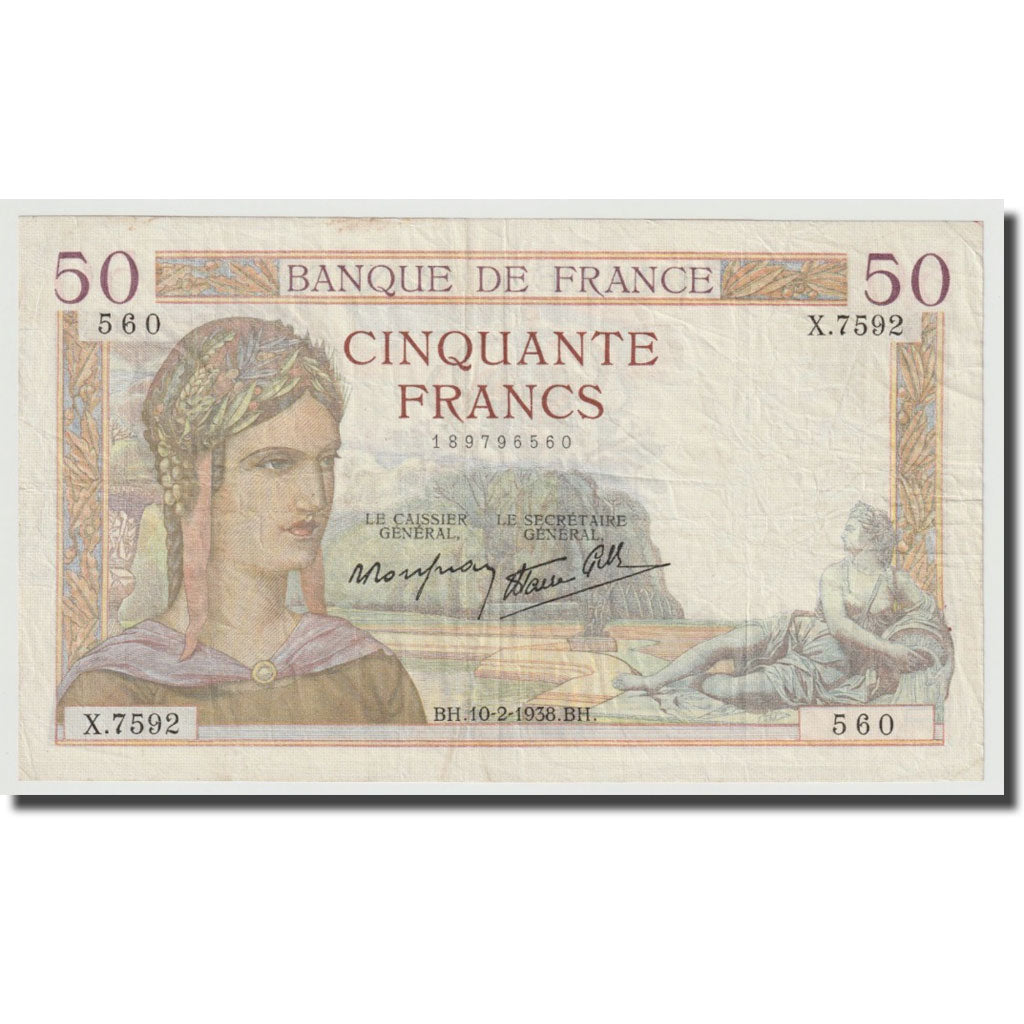 France, 50 Francs, Cérès, 1938, 1938-02-11, EF(40-45), Fayette:18.08, KM:85b