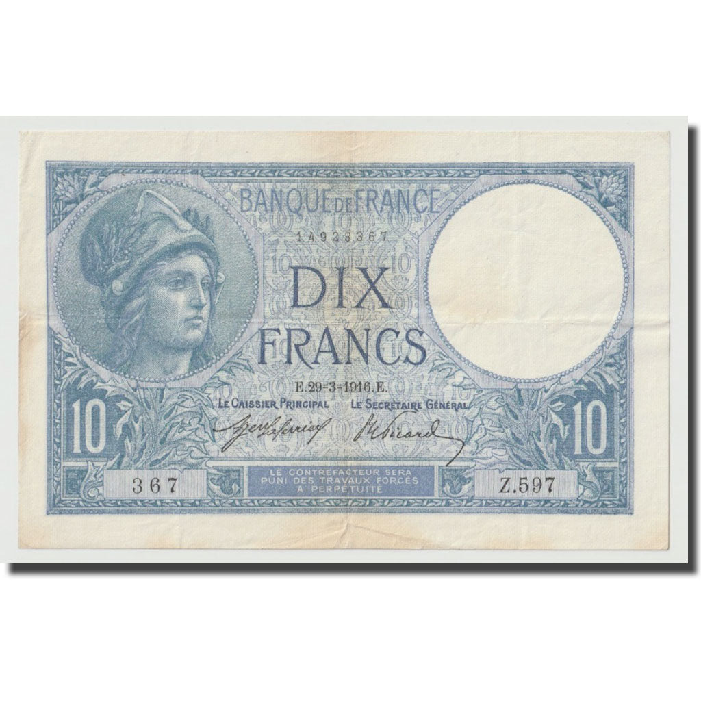 France, 10 Francs, Minerve, 1916, 1916-03-29, AU(50-53), Fayette:6.1, KM:73a