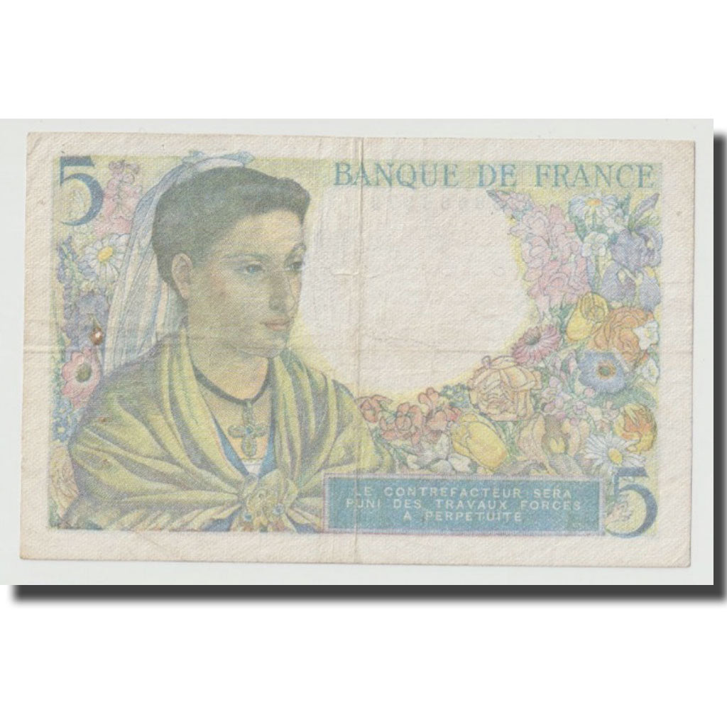 France, 5 Francs, Berger, 1943, 1943-06-02, VF(30-35), Fayette:5.1, KM:98a