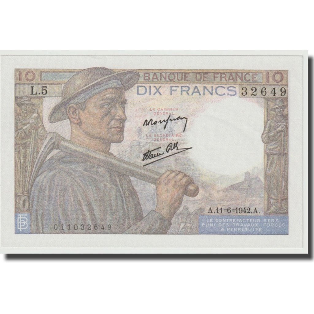 Frankrijk, 10 Francs, Mineur, 1942, 1942-06-11, NIEUW, Fayette:8.3, KM:99c
