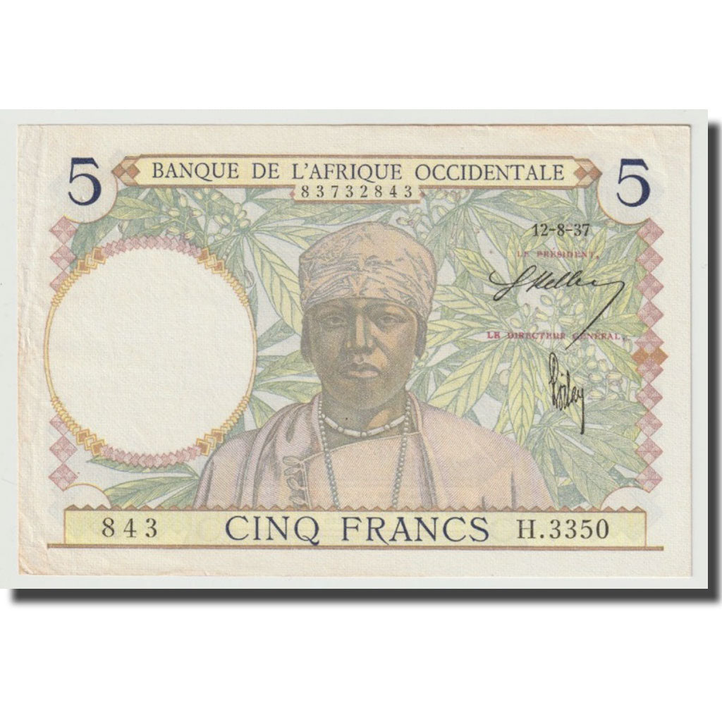 Billet, French West Africa, 5 Francs, 1937, 1937-08-12, KM:21, SPL