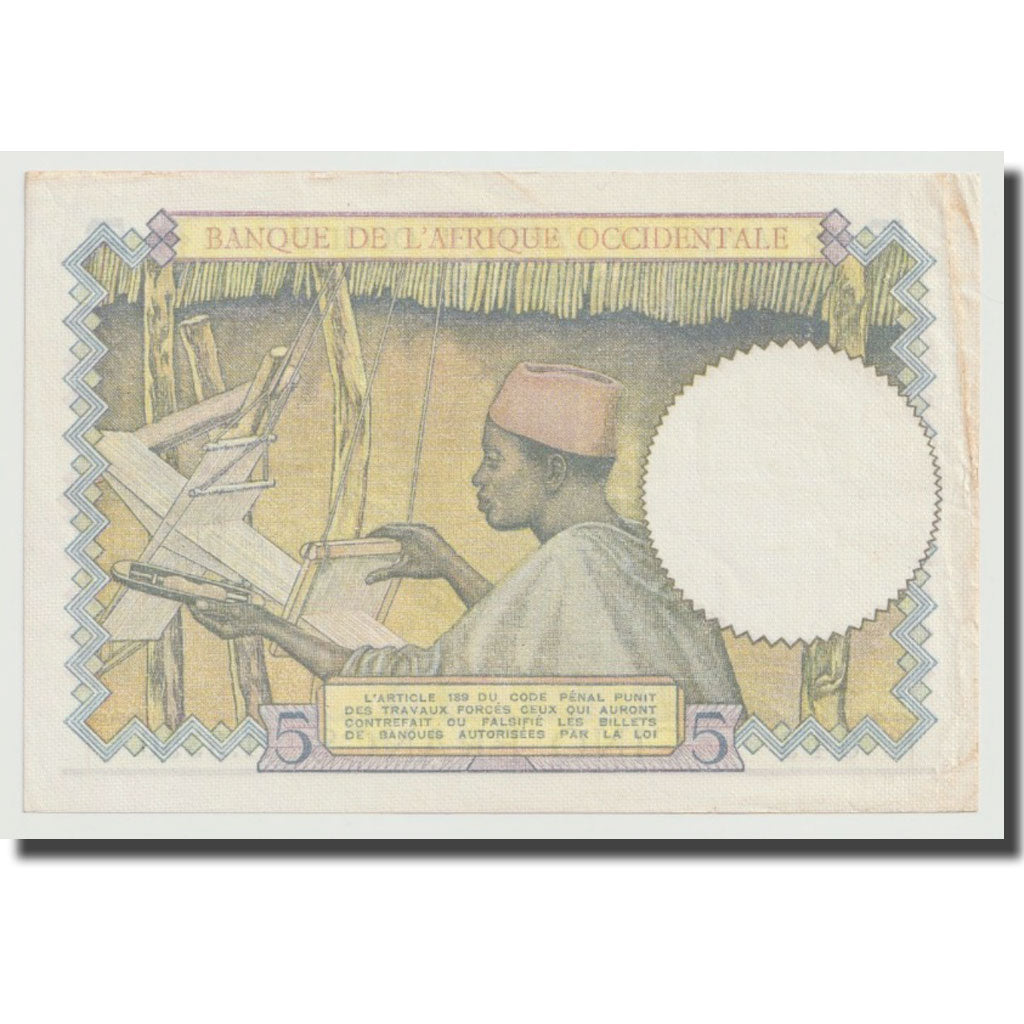 Billet, French West Africa, 5 Francs, 1937, 1937-08-12, KM:21, SPL