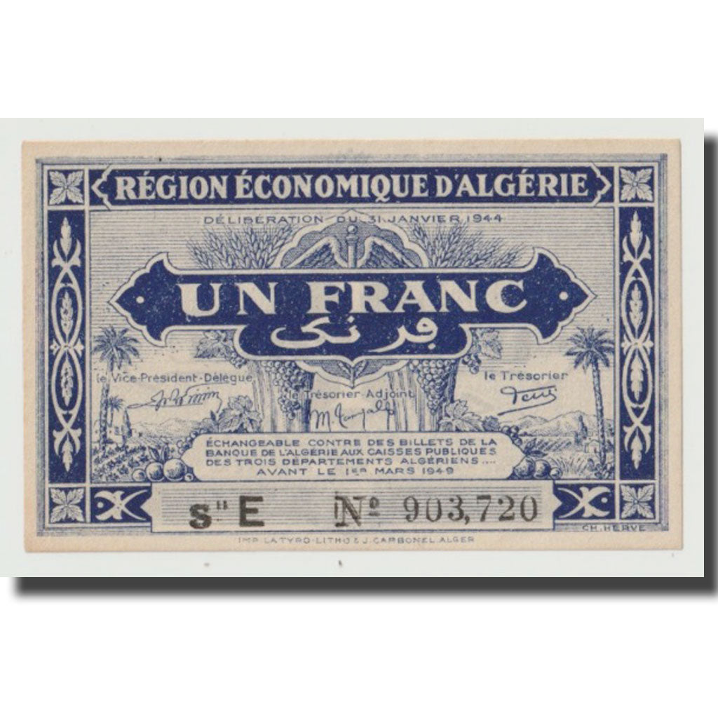 Banknote, Algeria, 1 Franc, 1944, 1944-01-31, KM:98b, AU(55-58)