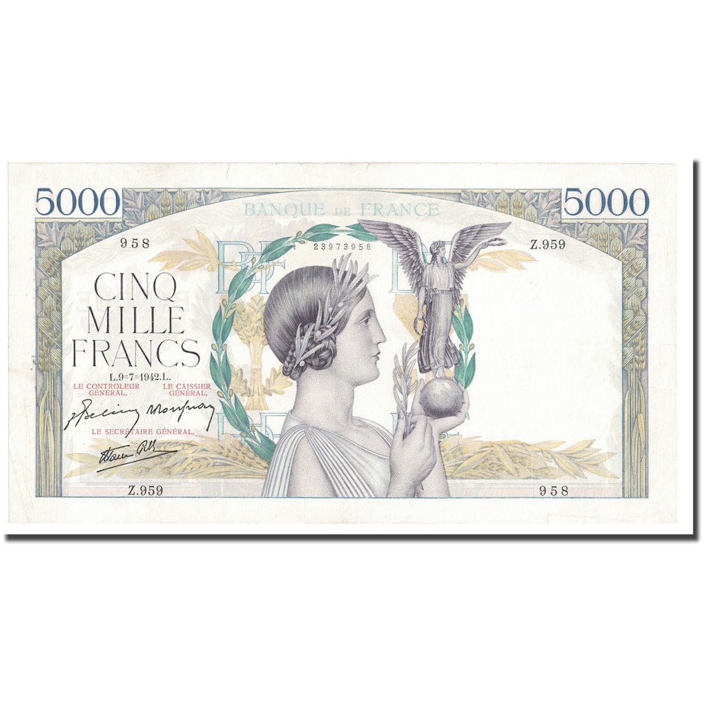 France, 5000 Francs, Victoire, 1942, 1942-07-09, AU(55-58), Fayette:46.38