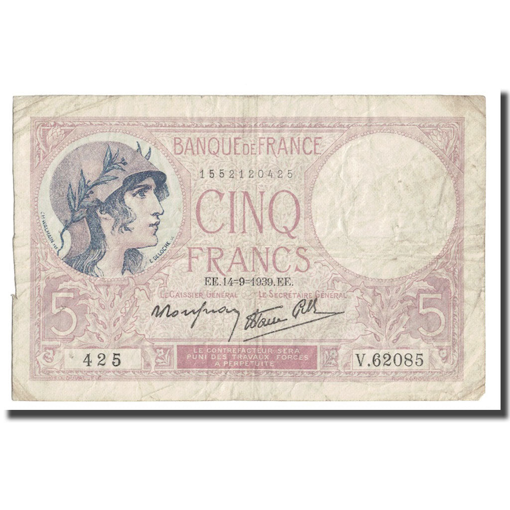 France, 5 Francs, Violet, 1939, 1939-09-14, VF(30-35), Fayette:4.8, KM:83