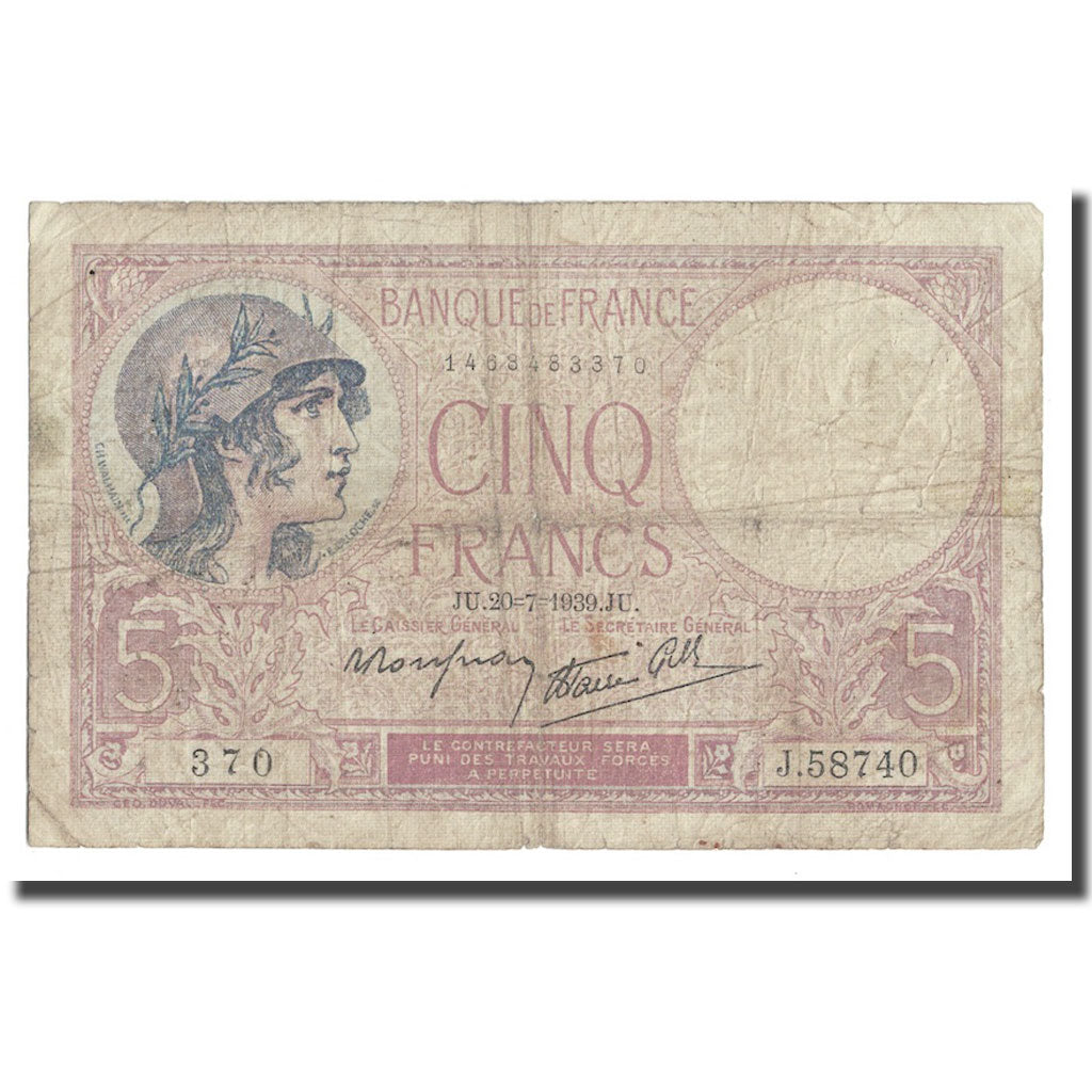 Frankreich, 5 Francs, Violet, 1939, 1939-07-20, SGE+, Fayette:4.2, KM:83