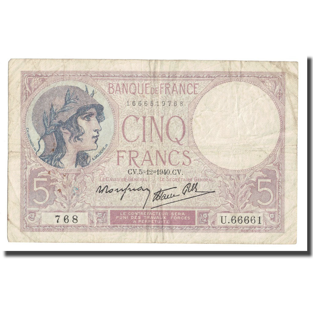 Francia, 5 Francs, Violet, 1940, 1940-12-05, MB+, Fayette:4.16, KM:83
