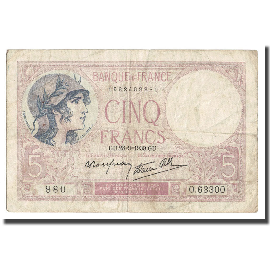 Francia, 5 Francs, Violet, 1939, 1939-09-28, MB, Fayette:4.10, KM:83