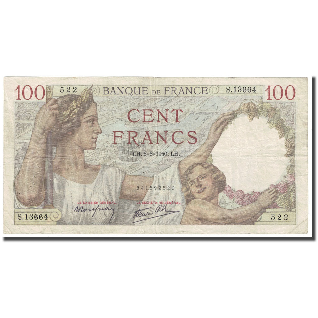 France, 100 Francs, Sully, 1940, 1940-08-08, AU(50-53), Fayette:26.35, KM:94