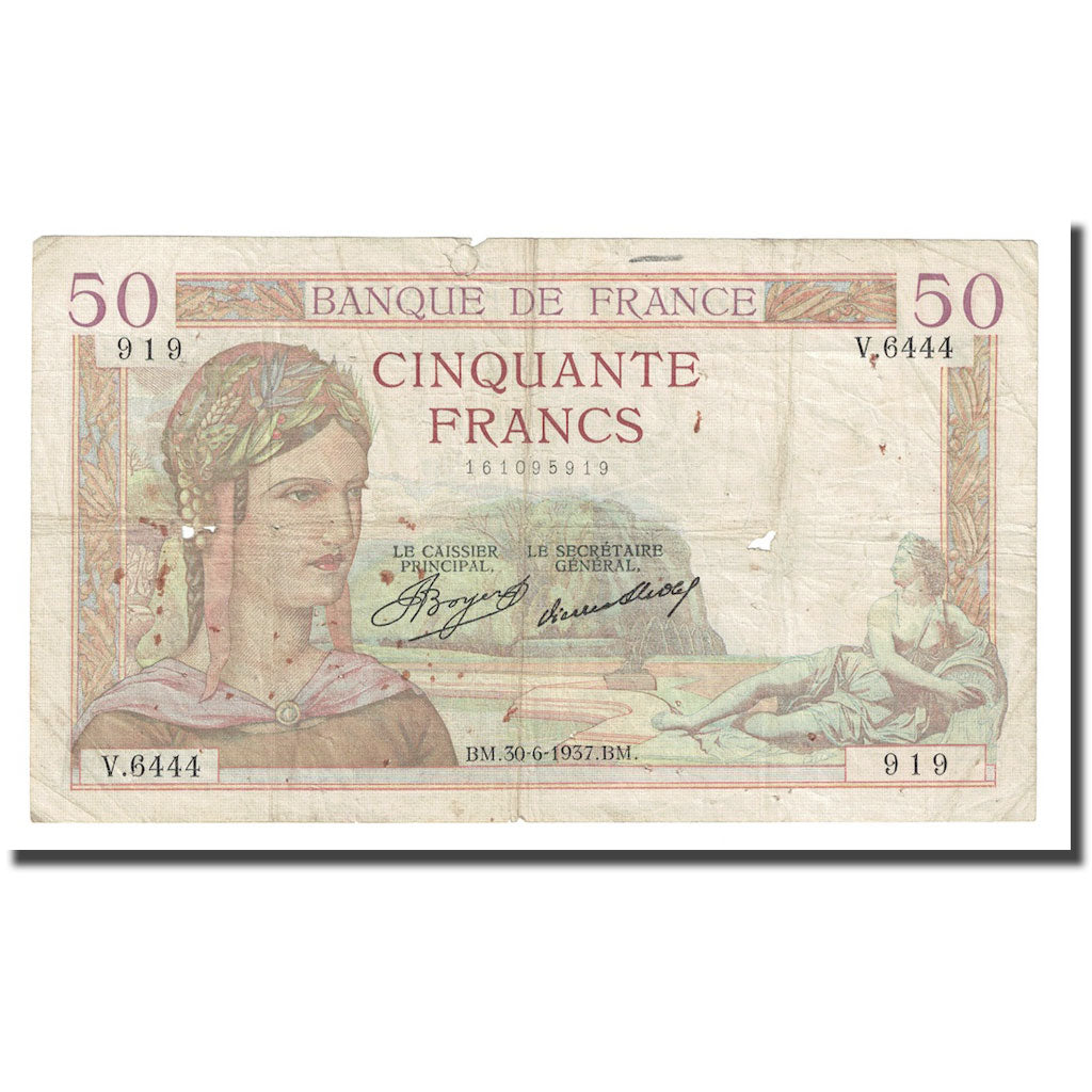 Frankrijk, 50 Francs, Cérès, 1937, 1937-06-30, TB, Fayette:17.40, KM:81