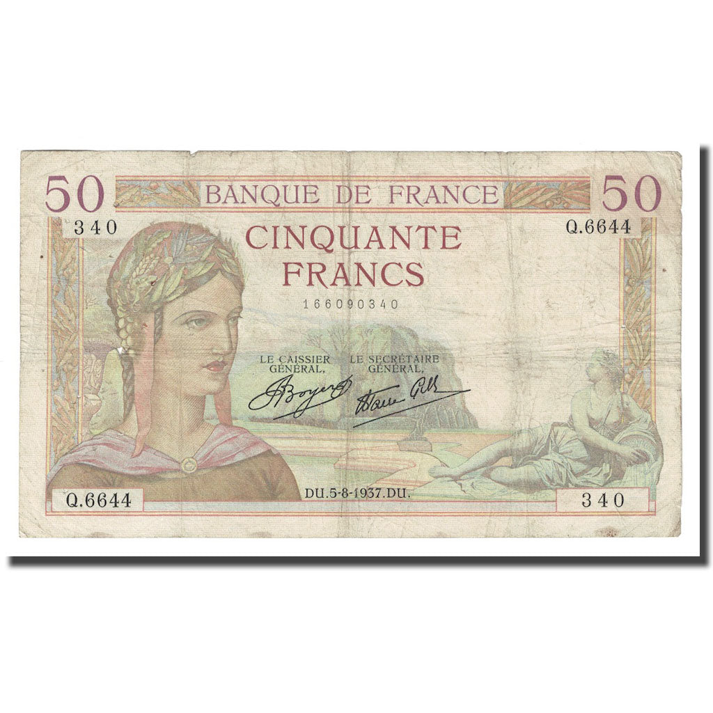 France, 50 Francs, Cérès, 1937, 1937-08-05, VF(20-25), Fayette:VF18.01, KM:85a