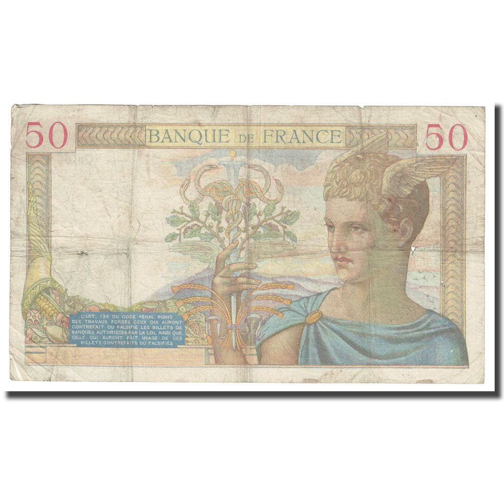 France, 50 Francs, Cérès, 1937, 1937-08-05, VF(20-25), Fayette:VF18.01, KM:85a