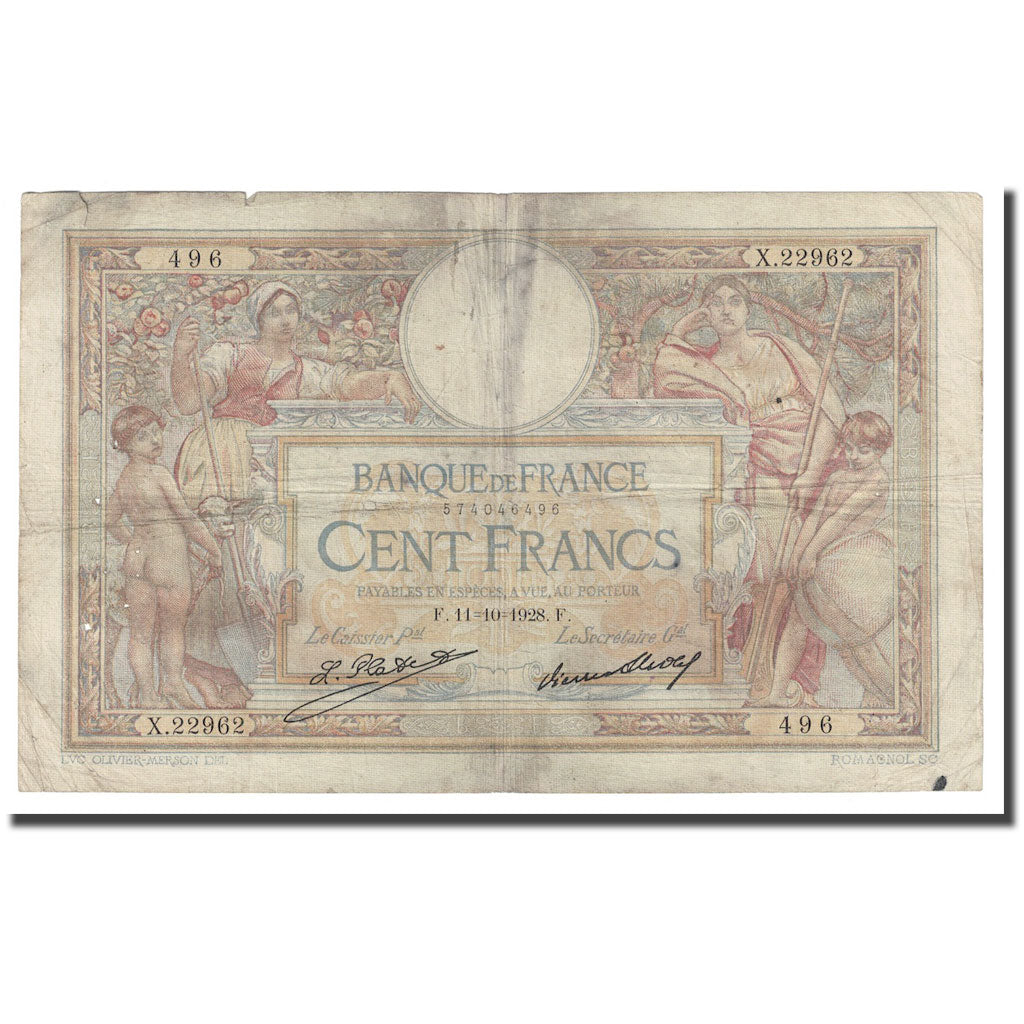 França, 100 Francs, Luc Olivier Merson, 1928, 1928-10-11, VF(20-25)