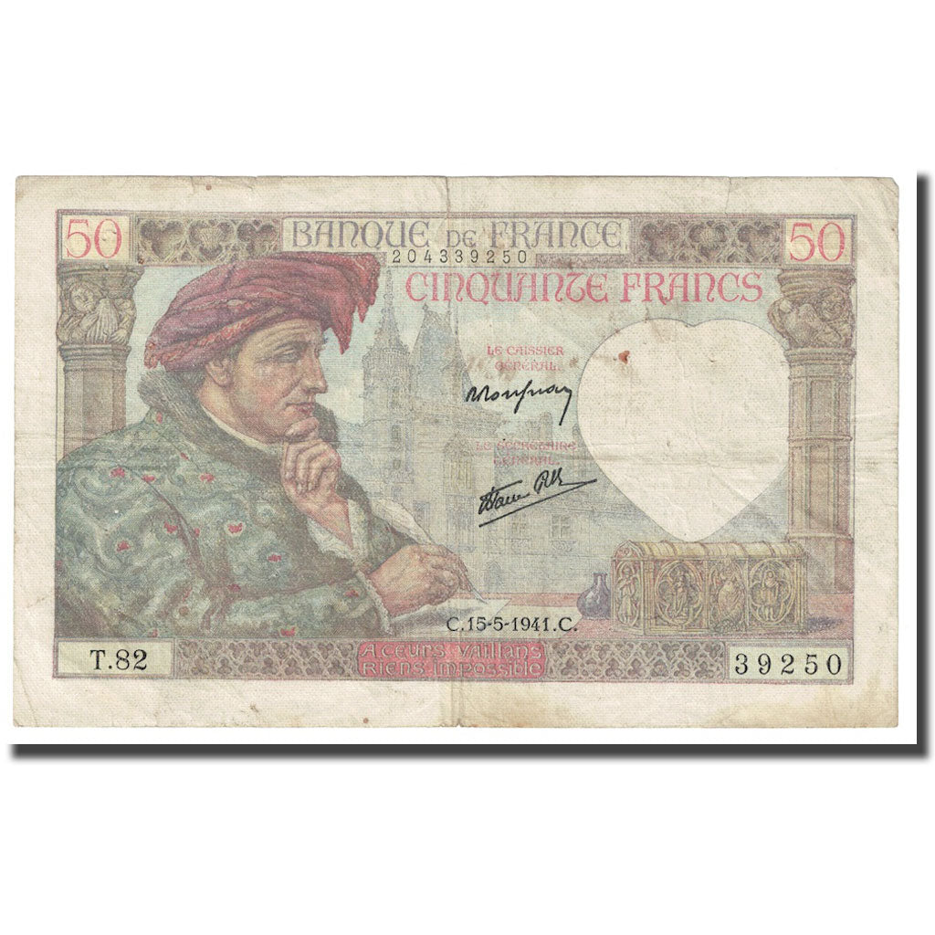 France, 50 Francs, Jacques Coeur, 1941, 1941-05-15, VF(20-25), Fayette:19.11