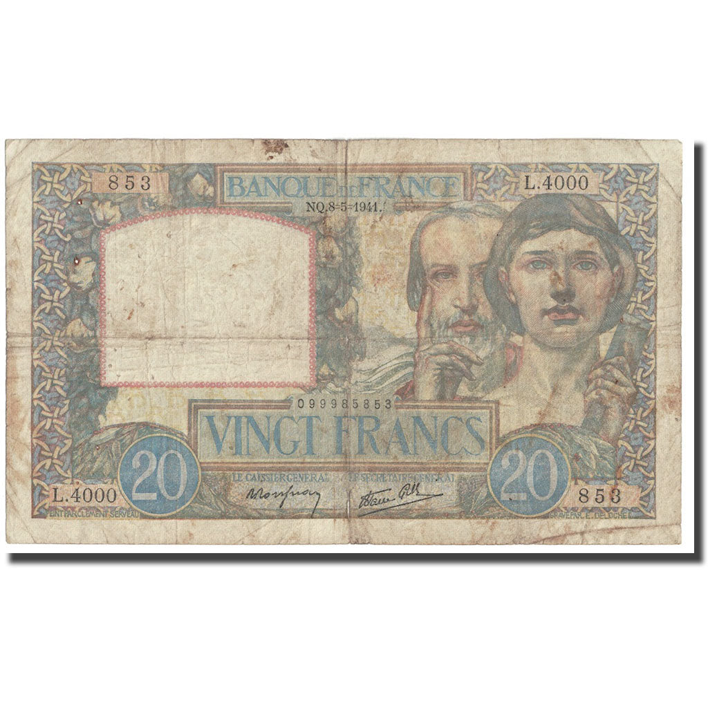 France, 20 Francs, Science et Travail, 1941, 1941-05-08, VG(8-10)