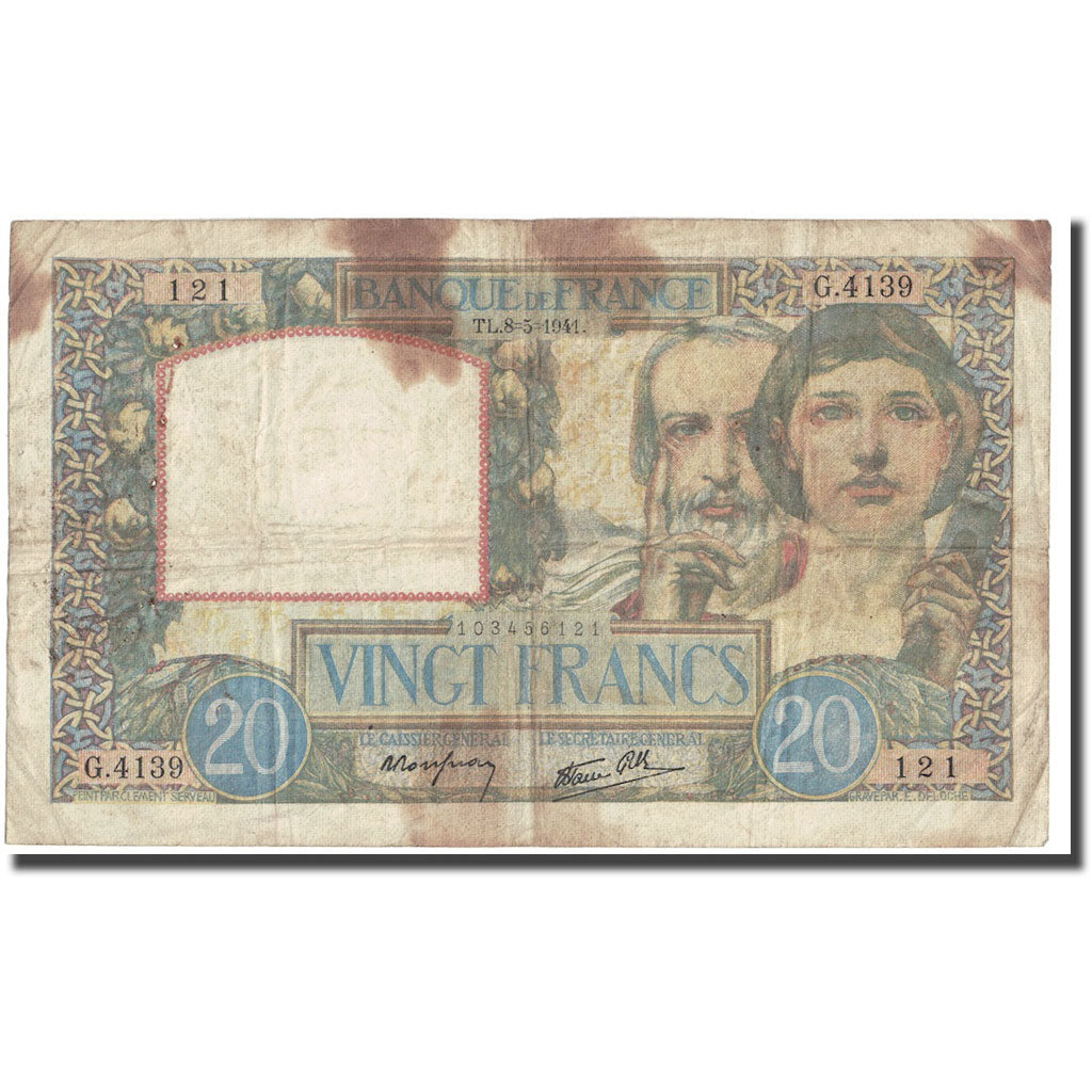 France, 20 Francs, Science et Travail, 1941, 1941-05-08, VG(8-10)